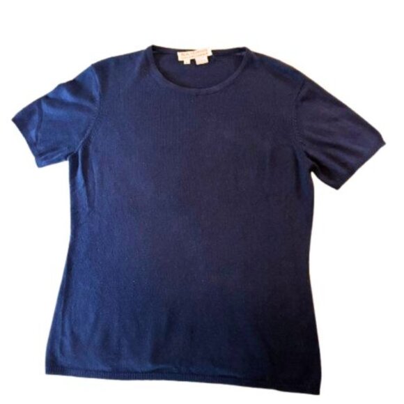 Saks Fifth Avenue “Real Clothes” Navy Cashmere Silk Sweater Large — Short Sleeve - Picture 7 of 13